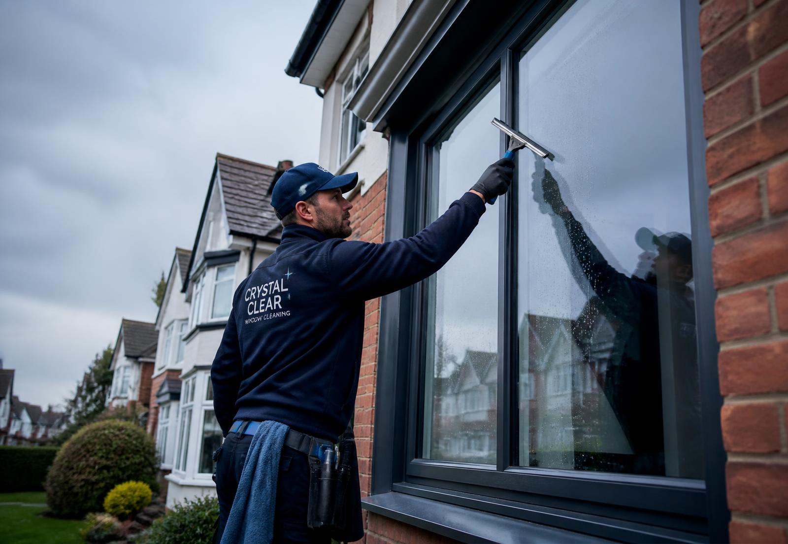 Window cleaner using a squeegee on a sparkling clean house window in the Northwest